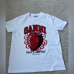 Ganni White Tee with Red Strawberry Design